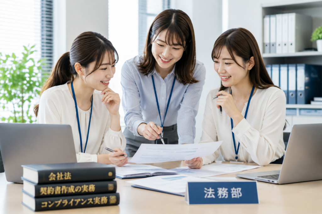法務部の仕事内容をイメージした写真。契約審査やコンプライアンス業務について協力して検討する若手女性社員3名