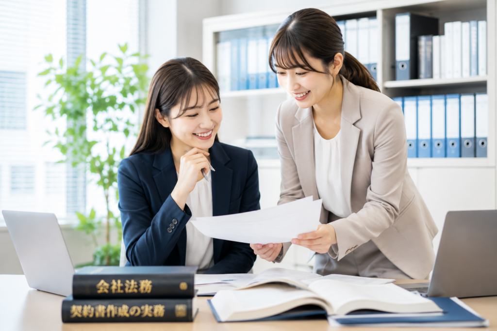 法務部の仕事内容をイメージした写真。契約審査やコンプライアンス業務について協力して働く若手女性社員2名