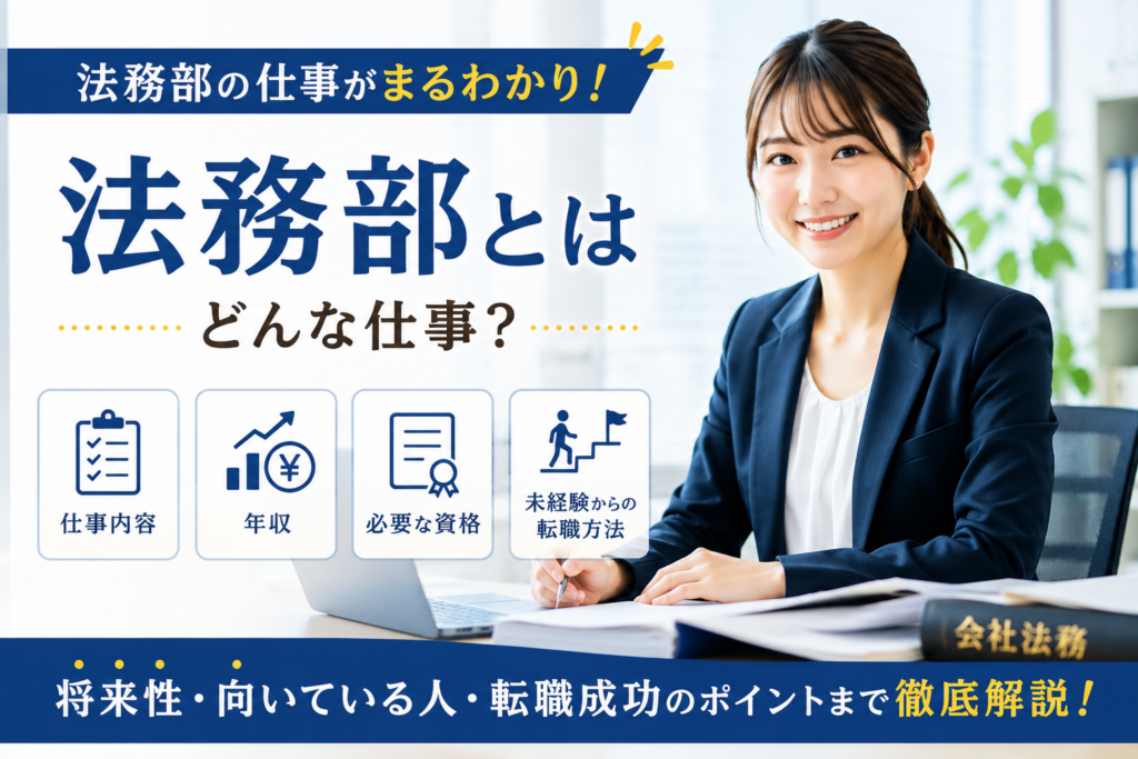 法務部とはどんな仕事かを解説するイメージ画像。仕事内容、年収、資格、法務転職のポイントを紹介