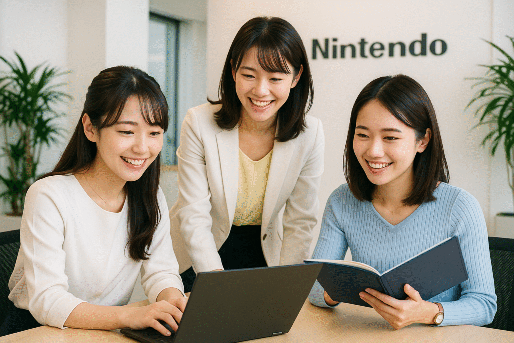 "任天堂の法務部で働く20代の日本人女性3名が、明るく清潔感のあるオフィスで活き活きと業務に取り組んでいる様子を写した画像"