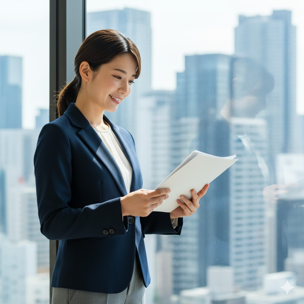 明るい表情の20代前半の日本人女性ビジネスパーソンが、オフィスの窓際で書類を見つめている。背景には都会のビル群と柔らかい自然光が広がり、信頼感と誠実さを感じる雰囲気。ネイビー、ホワイト、グレーを基調とした配色で、法務職の転職やキャリア再出発をイメージさせる。