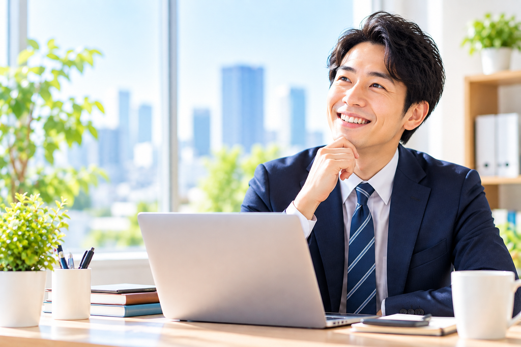 明るいオフィスで仕事をする法務部の男性社員