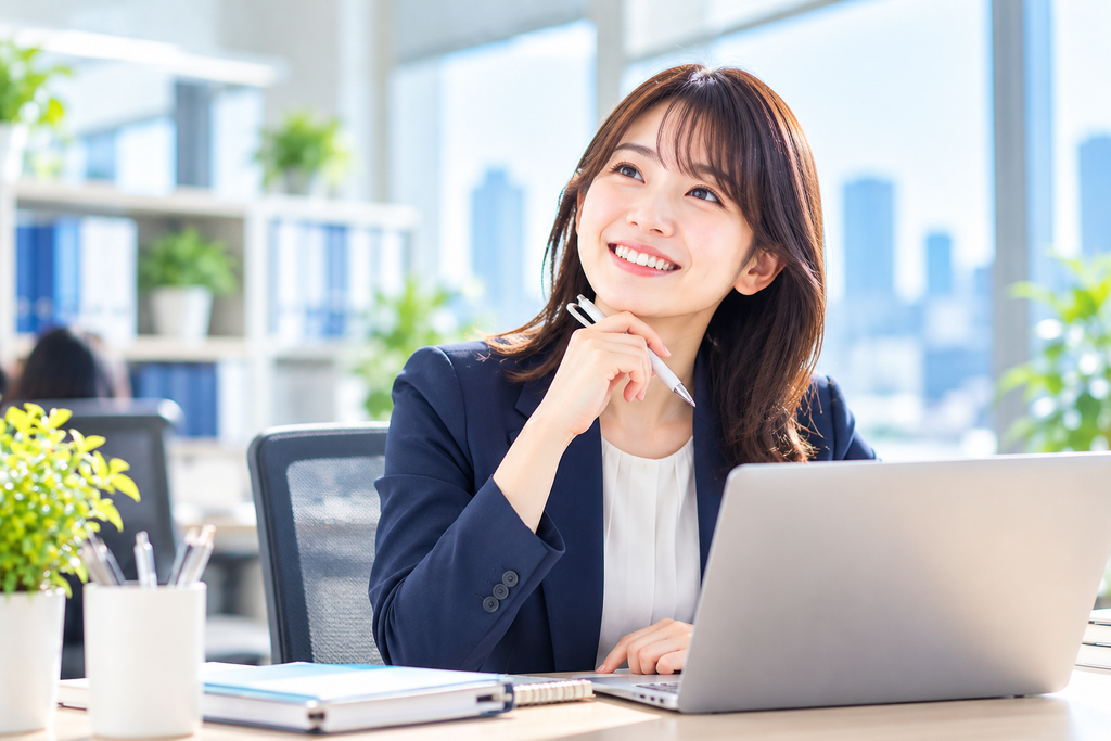 明るいオフィスで業務に取り組む若手の女性法務部員