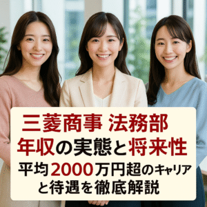 三菱商事 法務部の記事アイキャッチとして、明るいオフィスで働く20代前半の日本人女性3名が知的で華やかな雰囲気で微笑む姿を写した画像。記事タイトル『三菱商事 法務部 年収の実態と将来性｜平均2000万円超のキャリアと待遇を徹底解説』がレイアウトされている"