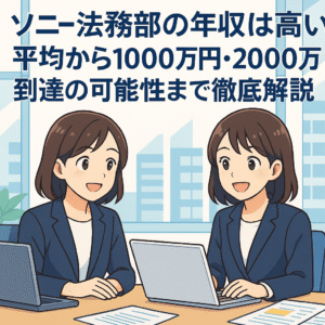 "ソニーの法務部への転職をイメージし、明るい表情で働く20代前半の日本人女性2名がオフィスで協働しているアニメ風イラスト。高年収やキャリアの魅力を想起させる構図"
