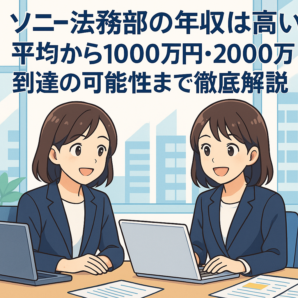 "ソニーの法務部への転職をイメージし、明るい表情で働く20代前半の日本人女性2名がオフィスで協働しているアニメ風イラスト。高年収やキャリアの魅力を想起させる構図"