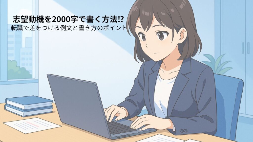 "志望動機を2000字で作成するためにノートパソコンで文章を書いている20代前半の日本人女性。転職活動中をイメージしたオフィスシーンのイラスト"