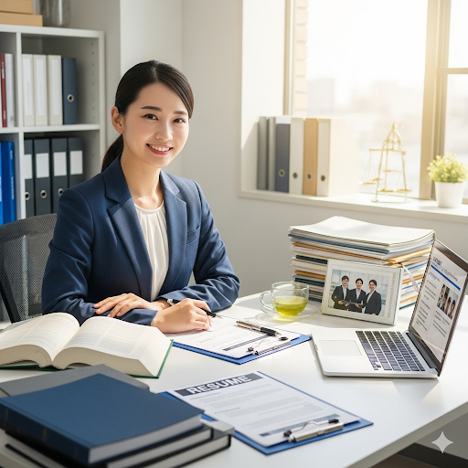 20代前半の日本人女性が、オフィスで面接準備に集中している様子。青いジャケットを着て、笑顔でカメラに視線を向けている。デスクの上には、開かれた本、履歴書、ノートパソコン、お茶、そして家族写真が置かれている。