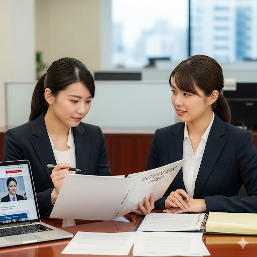 20代前半の日本人女性2名が、オフィスで面接の準備をしている様子。左の女性は黒いスーツを着て、白いブラウスとポニーテールにしている。右の女性は黒いスーツを着て、白いブラウスにしている。彼女たちはテーブルを挟んで座っており、開かれたバインダーや書類を手に、真剣な表情で話し合っている。