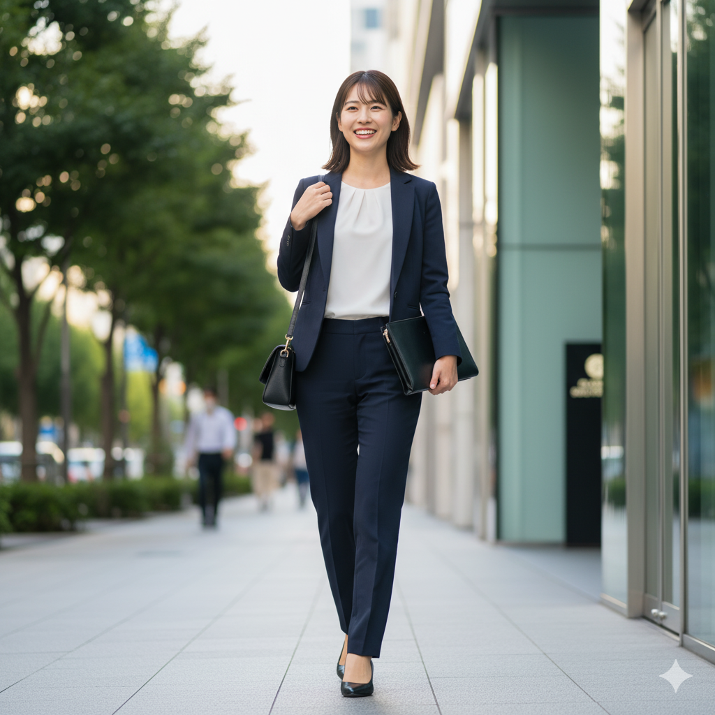 転職活動の1次面接を終え、手ごたえを感じて明るい表情で歩く20代前半の日本人女性。彼女は紺色のスーツに白いブラウスを着用し、黒いバッグを肩にかけ、書類の入ったファイルケースを抱えています。笑顔で前を見つめ、颯爽と街中の歩道を歩いています。背景にはビルや街路樹が見え、他の通行人も遠くに見えます。