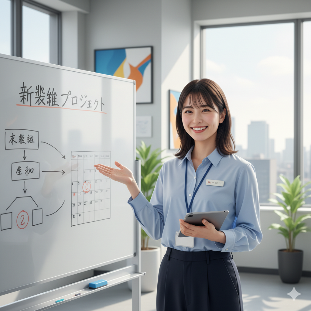 新しい組織での仕事に意欲を見せる20代前半の日本人女性が、オフィスで笑顔で立っています。彼女は水色のシャツを着て、タブレットを持ち、片方の手をホワイトボードの方に向けています。ホワイトボードには「新築雑プロジェクト」という文字や図が書かれており、彼女の背景には大きな窓とオフィス家具が見えます。