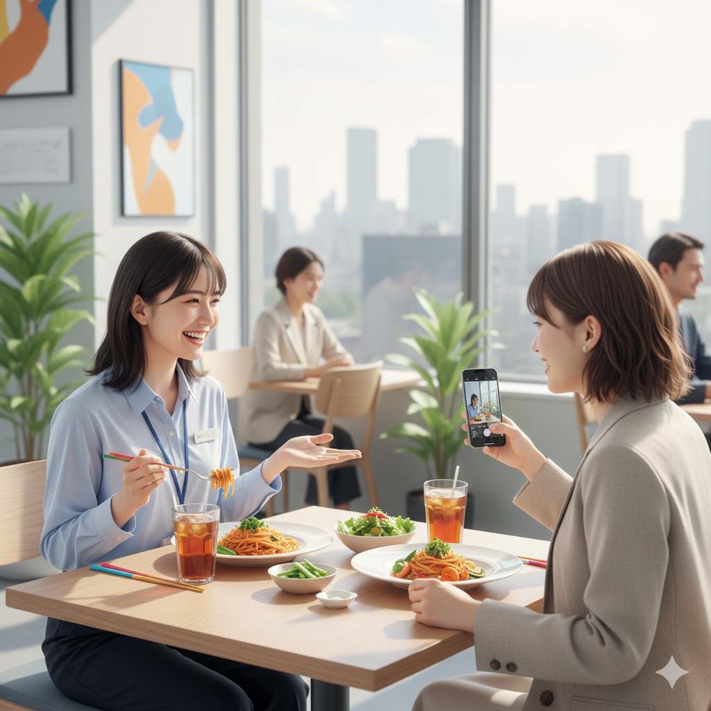 20代前半の日本人女性2人が、オフィス内の明るいカフェテリアで楽しそうにランチをしています。一人は笑顔でパスタを食べながら話しており、もう一人はスマートフォンで料理の写真を撮っています。テーブルにはパスタとサラダが置かれ、背景には窓から見える街並みと他のランチ客が見えます。