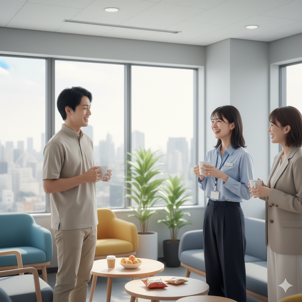 社内のリフレッシュルームで、20代前半の日本人女性2人と男性1人が談笑しています。中央の女性（以前の画像と同じ人物）は水色のシャツを着て、笑顔で男性と話しており、二人ともコーヒーカップを持っています。男性はベージュのポロシャツを着ています。右側の女性はベージュのジャケットを着て、笑顔で他の二人を見ています。部屋は明るく、大きな窓からは街の景色が見え、ソファや観葉植物が配置されています。テーブルにはお菓子やみかんが置かれています。