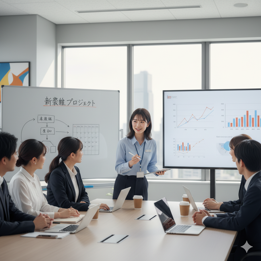 社内のミーティングで、20代前半の日本人女性がプレゼンテーションを行っています。彼女は笑顔で、身振り手振りも交えながら説明しており、他の参加者も彼女に注目しています。ホワイトボードには「新築雑プロジェクト」と書かれ、デジタルスクリーンにはグラフが表示されています。会議室は明るく、窓からは街並みが見えます。女性の意欲的な仕事ぶりが伝わるシーンです。