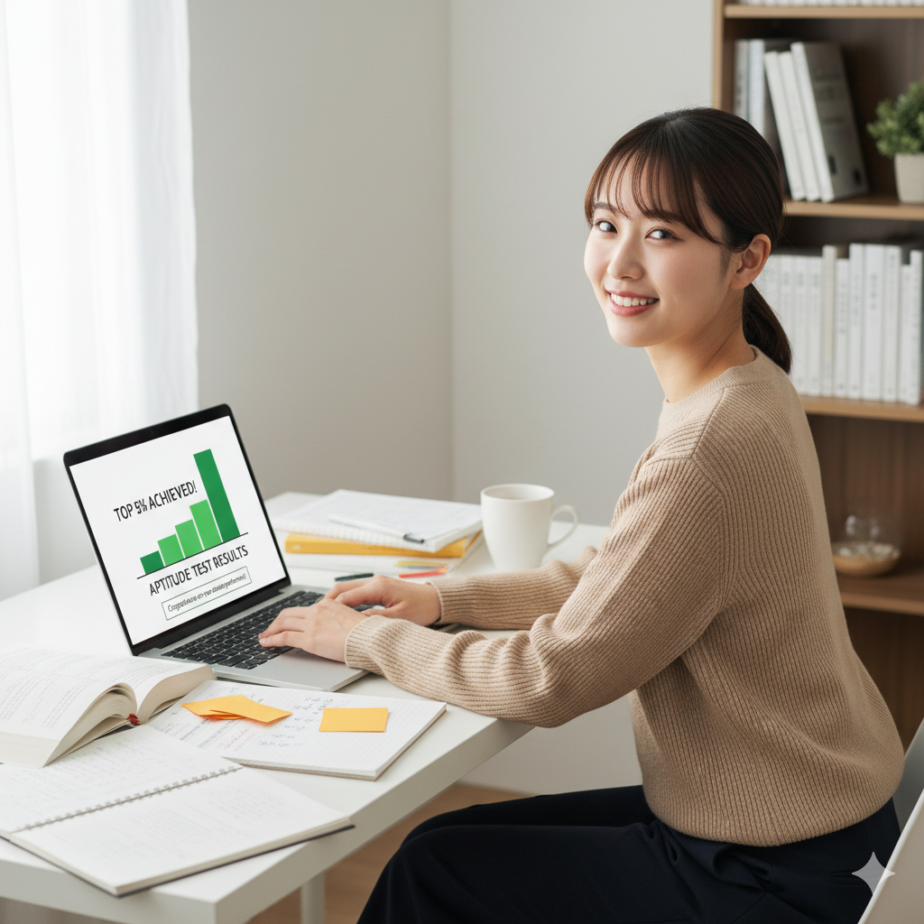 自宅でパソコンを使って適性検査を受験し、結果に満足している20代前半の日本人女性です。