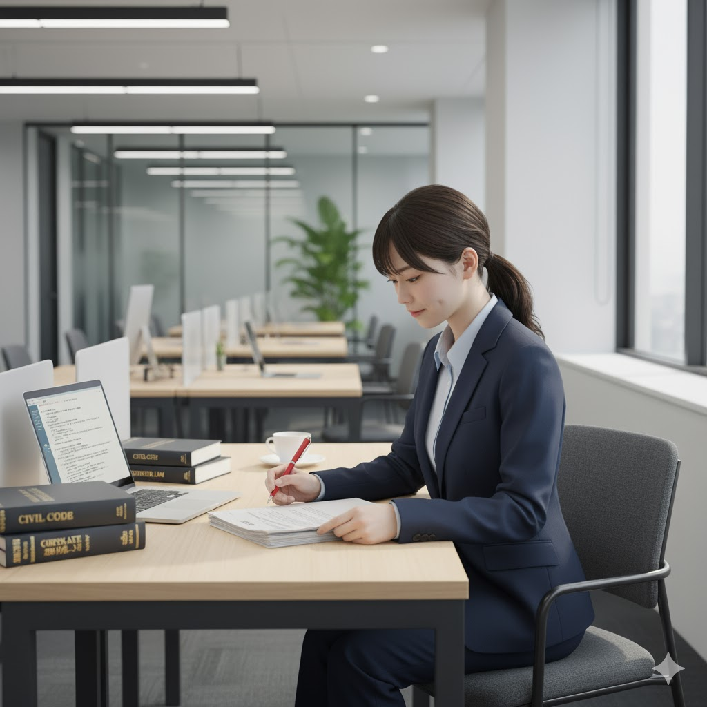 first-year legal department employee reviewing contract documents at office
法務部1年目の若手社員が、初めての契約書レビューに取り組む様子。