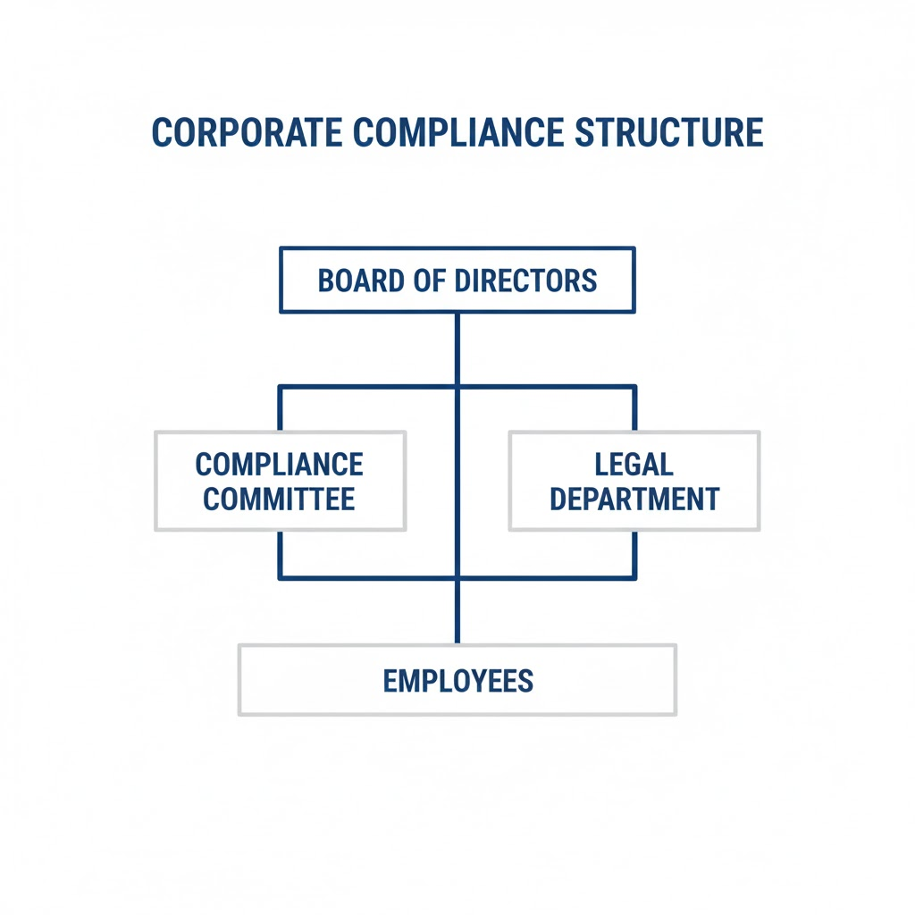 corporate compliance management structure chart
コンプライアンス体制の全体像。法務部が組織の要として機能する構図。