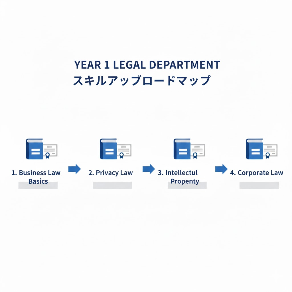 legal professional skill development roadmap infographic
法務部1年目におすすめの資格・スキルアップのロードマップ。
