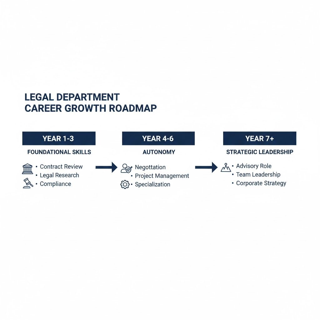 legal department career growth roadmap chart
法務パーソンのキャリア成長ロードマップ。経験年数ごとのスキル習熟度を示す。