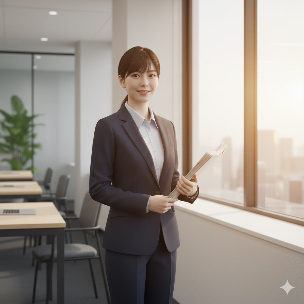 young legal professional smiling confidently in office
法務部1年目を終え、次の成長段階へ進む女性法務部員の姿を表現している。