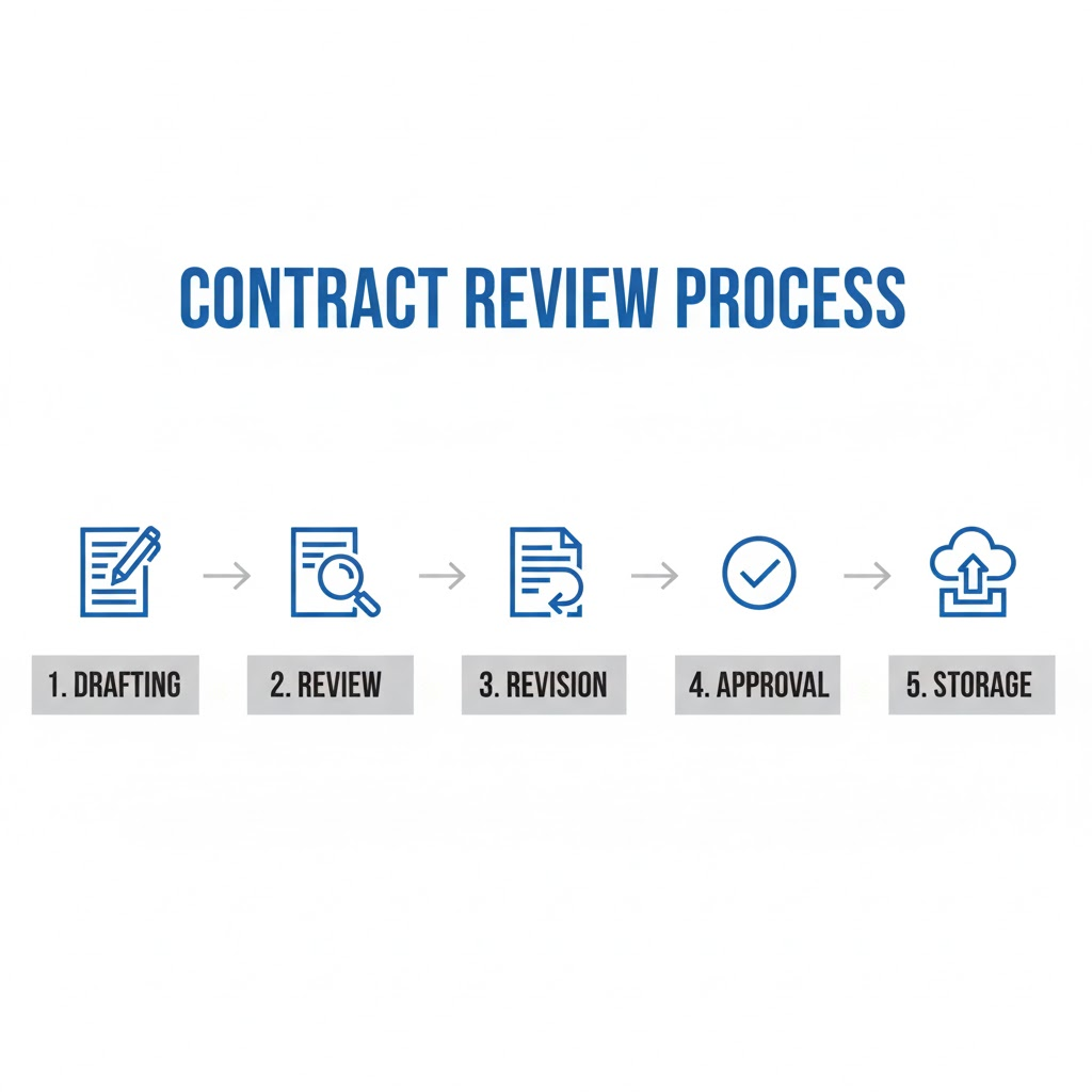 contract review process flow infographic legal department
契約書レビューの基本的な流れ。起案から承認・保管までのプロセスを整理。