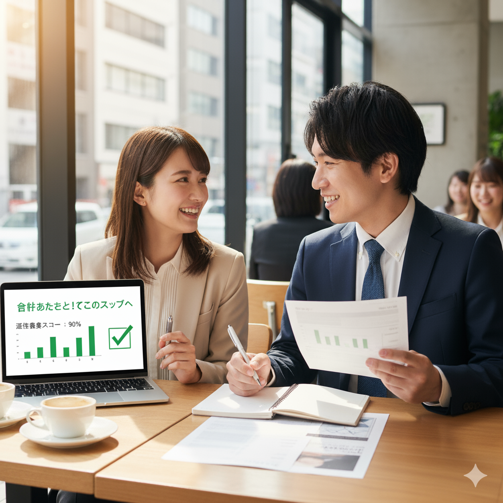 20代前半の日本人男性１名と２０代前半の日本人女性１名の計２名が転職活動において適性検査を受検し、十分合格点を勝ち取り、その後の面接に進むべく意欲的に準備を始めている様子を描いています。
