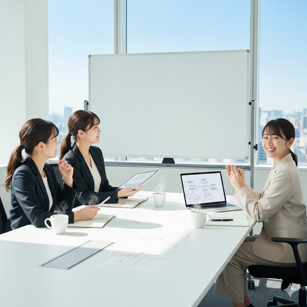この画像には、明るいオフィスで3人の若い日本人女性社員が会議をしている様子が写っています。全員がフォーマルな服装で、白いテーブルを囲んで座っています。画面中央の女性は左に座る2人の女性と向き合って笑顔で話しており、手元にはノートパソコンがあります。他の2人の女性は、タブレットを持ちながら熱心に議論に参加しているようです。背景には大きな窓があり、都市の風景が広がっています。テーブルの上にはコーヒーカップや書類が置かれ、活発な意見交換が行われていることがうかがえます。
