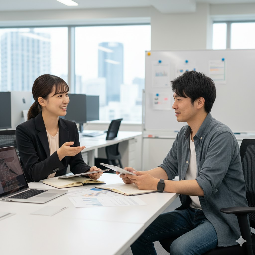 白いデスクで、20代前半に見える日本の女性法務部員と20代に見える日本の開発部男性社員が向かい合って座っています。女性は黒いジャケットを着て笑顔で話しており、男性はグレーのシャツを着て穏やかな表情で女性の話を聞いています。二人ともタブレットを持ち、デスクの上にはノートパソコンや書類が置かれています。背景には窓があり、オフィス街のビルが見えます。お互いを尊重し合いながら業務を進めているような、和やかな雰囲気の画像です。