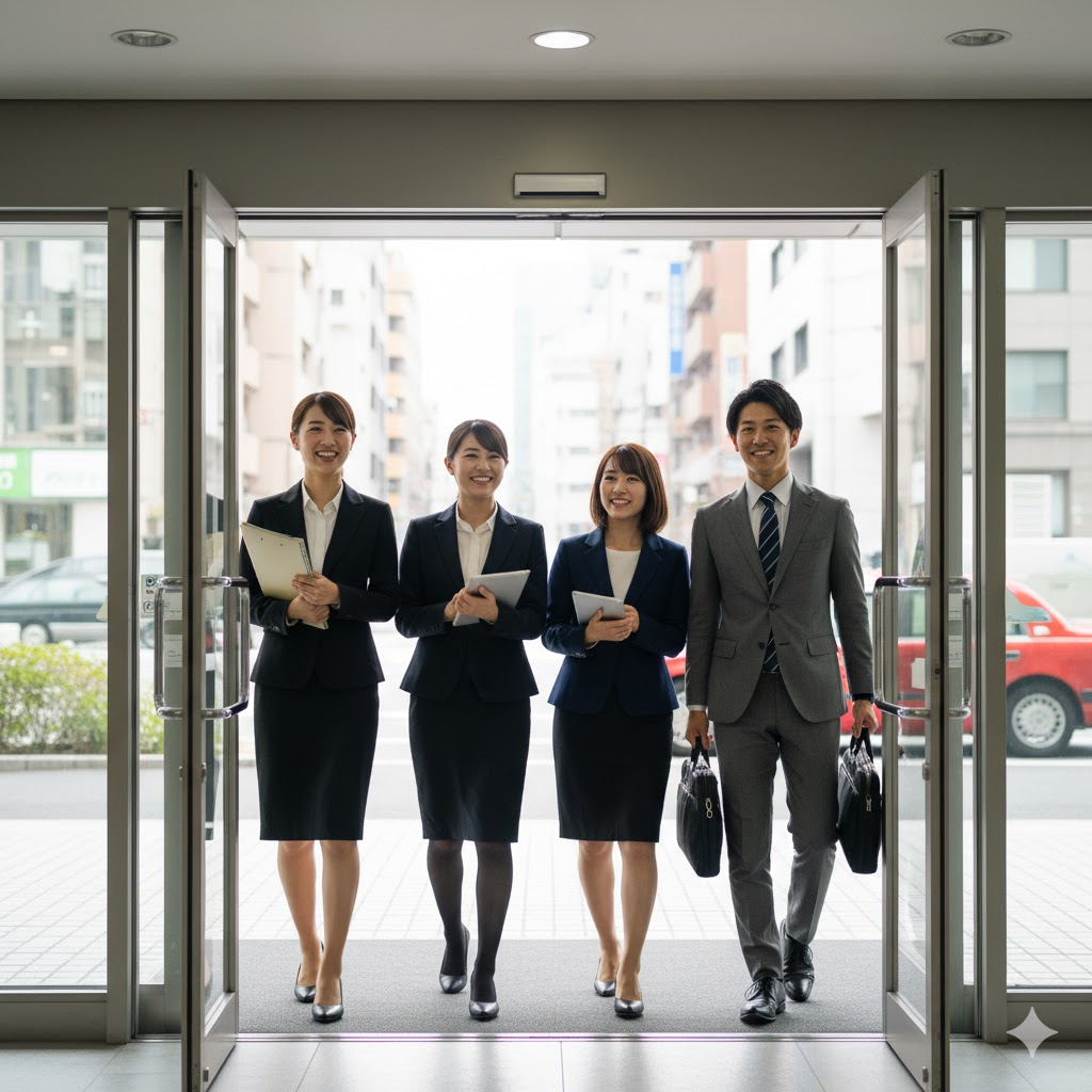 この画像には、4人の若い日本人ビジネスパーソンがオフィスの自動ドアから外へ向かって歩き出す瞬間が捉えられています。左側の2人の女性は黒いスーツを着用し、ファイルやタブレットを手にしています。その隣の女性は紺色のジャケットに黒いスカート姿でタブレットを持ち、一番右の男性はグレーのスーツにネクタイ姿でビジネスバッグを持っています。全員が笑顔で、前を向きながら活き活きとした表情で歩いています。開かれた自動ドアの向こうには、街の建物や赤いタクシーが見え、彼らがこれから契約先との交渉に向かう意気込みが伝わるシーンです。