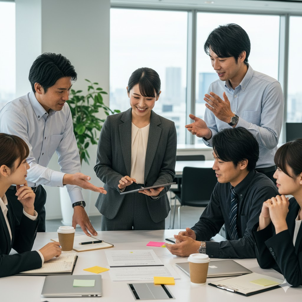 オフィスの会議室で、20代前半の日本人女性法務部員がタブレットを操作しながら、数名の営業部員と笑顔で議論している。全員がプロフェッショナルな服装で、互いに尊重し合っている様子がうかがえる。
