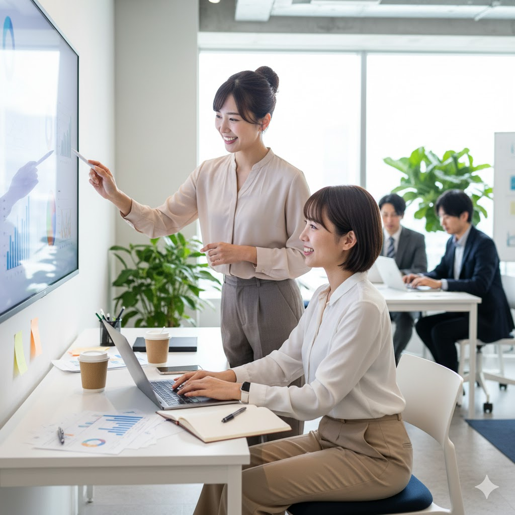オフィスで活き活きと仕事をする2人の20代前半の日本人女性会社員。一人はスクリーンを指さしながらプレゼンテーションを行い、もう一人はノートパソコンで作業している。背景には他の同僚も見える。