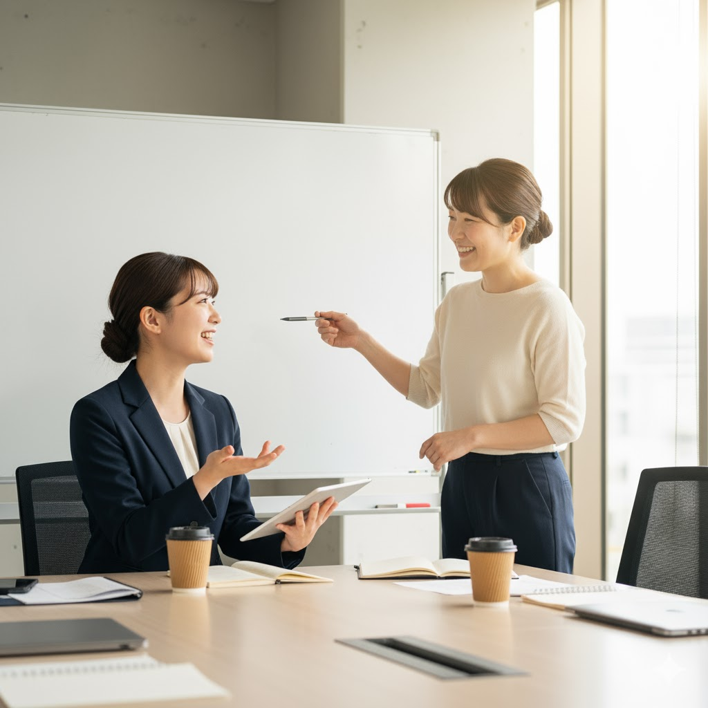 会議室で、一人の日本人女性会社員がホワイトボードの前に立ち、もう一人の日本人女性会社員がテーブルに座ってタブレットを手にしています。二人とも笑顔で、活発な意見交換が行われている様子がうかがえます。ホワイトボードは何も書かれておらず、背景の窓からは自然光が差し込んでいます。