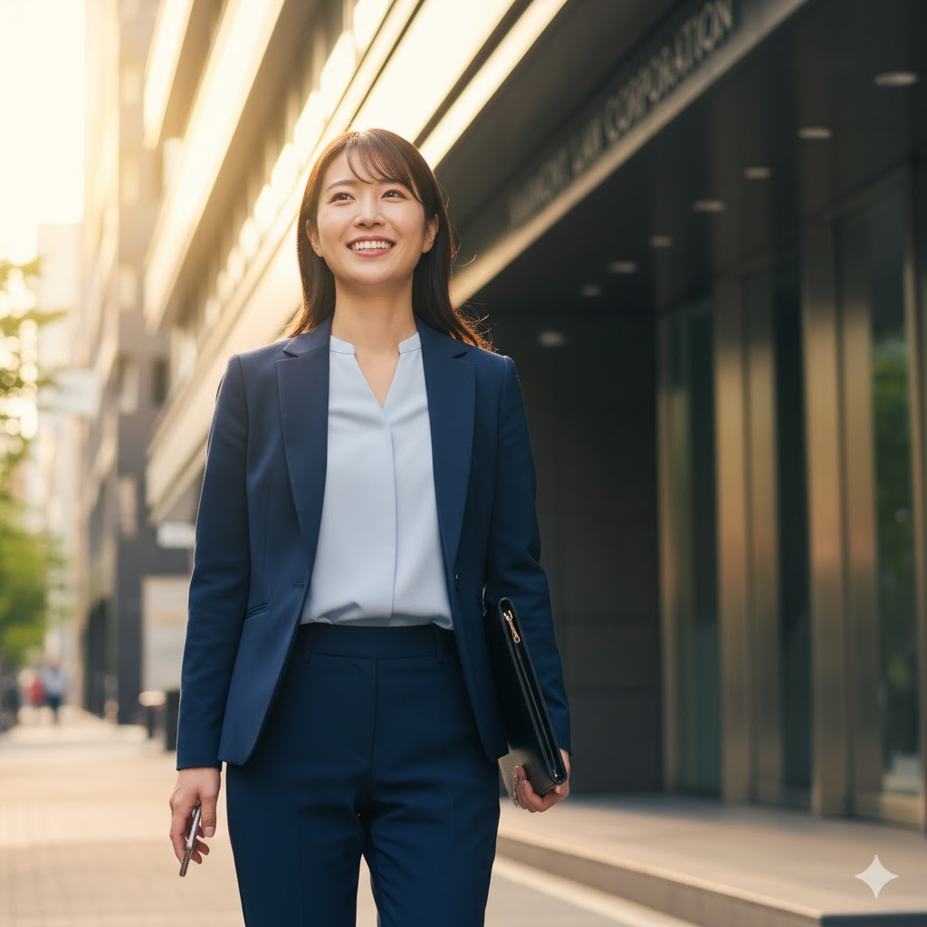 0代前半の日本人女性が、転職先の面接を終え、手ごたえを感じている様子。 彼女は紺色のスーツを着用し、スマートフォンと黒いポートフォリオを手に、自信に満ちた笑顔でオフィスのビルから出てきている。 背景には、夕暮れ時の柔らかな日差しが当たり、近代的なオフィスビルが立ち並んでいる。
