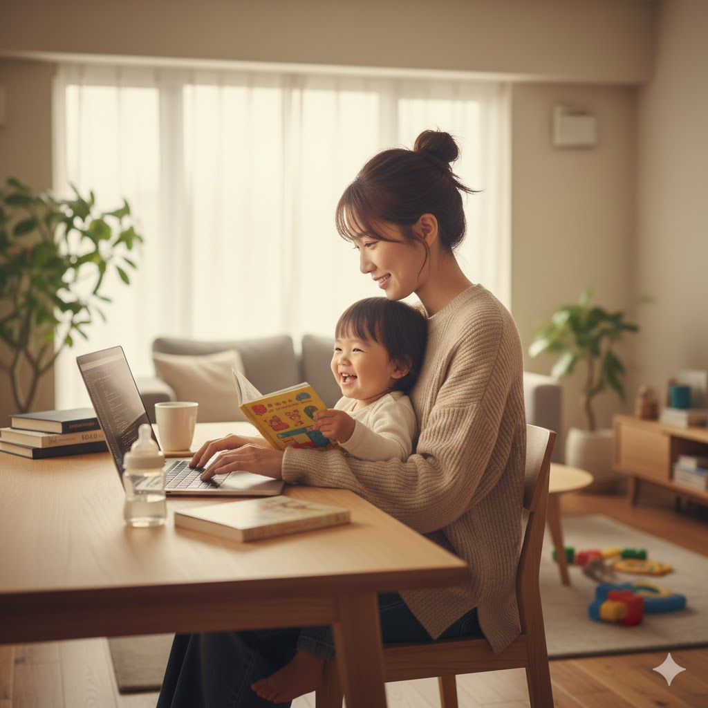20代前半の日本人女性が、自宅のダイニングテーブルでノートPCに向かいながら、幼児を膝に乗せている。 女性は穏やかな笑顔でPCを操作しており、膝の上の幼児は小さな絵本を手に、楽しそうに笑っている。 テーブルの上には飲み物や本が置かれ、背景には観葉植物やソファが見える。 室内は温かい自然光に包まれており、育児と仕事が両立している様子がうかがえる。