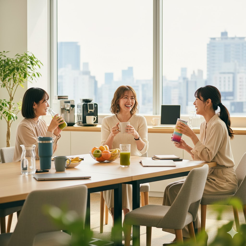 3人の20代の日本人女性が、オフィス内の明るいリフレッシュコーナーでくつろいでいる様子。 彼女たちは大きな窓から街並みが見えるテーブルを囲み、飲み物を片手に笑顔で会話している。 テーブルの上には、フルーツの入ったボウルや飲み物、書類が置かれている。 部屋は観葉植物が配置され、リラックスした雰囲気が漂っている。
