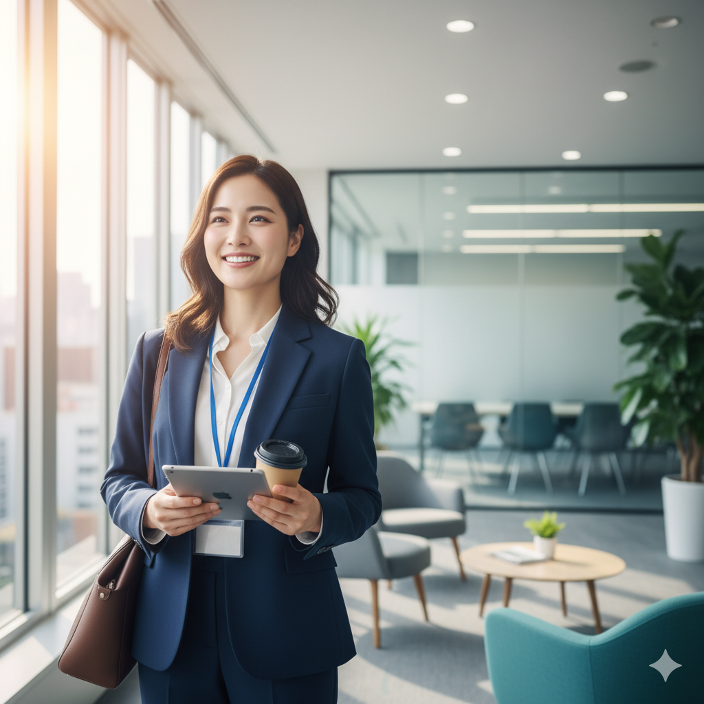 新たな転職先に出勤する初日を迎えた20代前半の日本人女性。意欲に満ち溢れた様子で、明るい笑顔で遠くを見つめています。紺色のスーツに白いブラウス、社員証を着用し、タブレットとコーヒーカップを手に持っています。オフィスビルの窓際に立っており、窓からは陽光が差し込み、街並みが広がっています。オフィス内には観葉植物やソファ、会議室のガラス張りの壁が見えます。