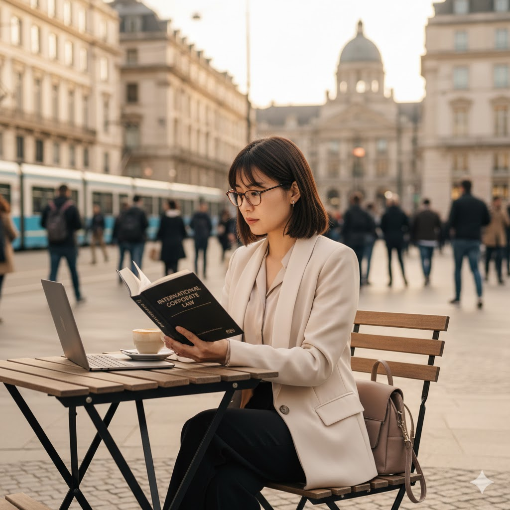 20代の日本人女性が、海外都市のカフェテラスでビジネス書を読んでいる。 彼女はベージュのジャケットを羽織り、眼鏡をかけて真剣な表情で「INTERNATIONAL CORPORATE LAW」というタイトルの本を手にしている。 テーブルの上にはノートPCとコーヒーが置かれ、背景にはヨーロッパ風の歴史的建造物や路面電車、行き交う人々が見える。 都会的で知的な雰囲気が漂う中で、学習に没頭する様子が捉えられている。
