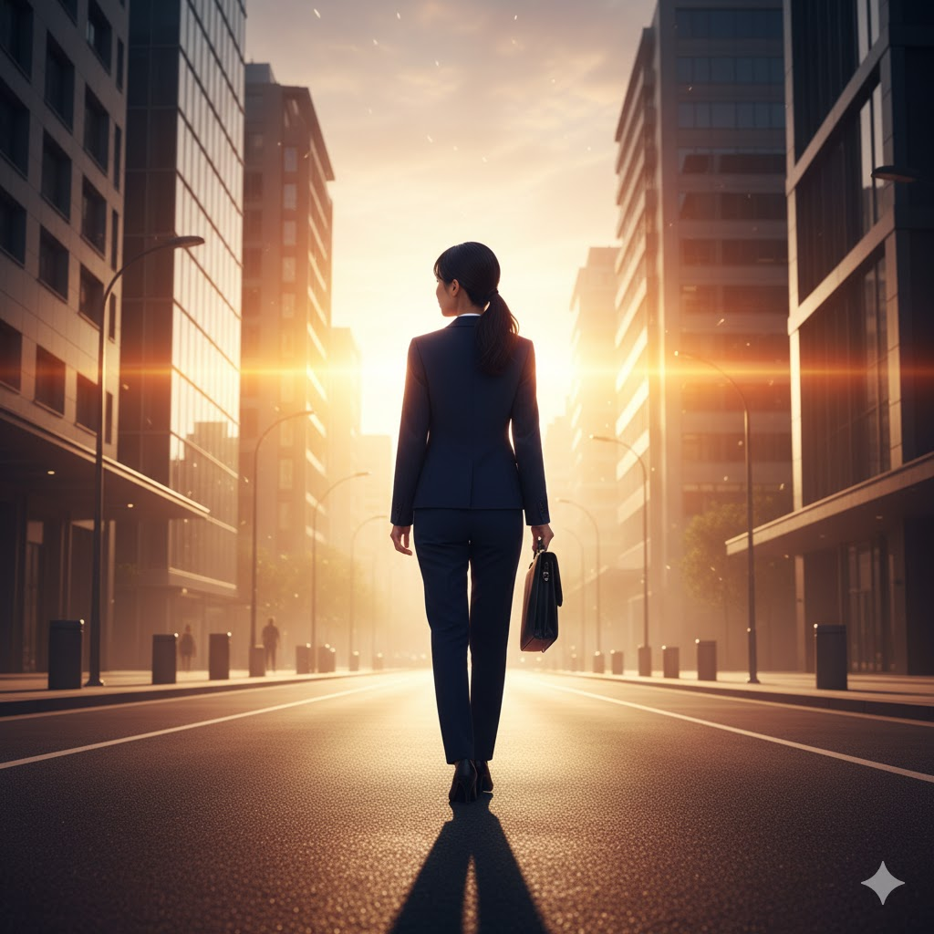20代前半の日本人女性が、夜明けの都市の通りを歩き出す後ろ姿。 彼女は紺色のビジネススーツを着用し、手に黒いブリーフケースを持っている。 地平線からはまばゆい朝日が差し込み、彼女のシルエットと長く伸びる影が強調されている。 両側には近代的な高層ビルが立ち並び、希望に満ちた新しい始まりを感じさせる情景である。