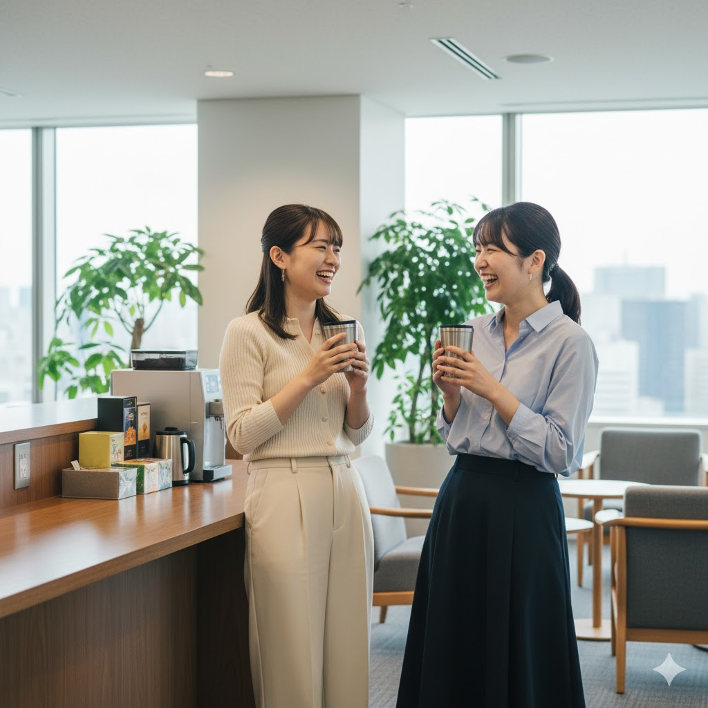 20代前半の日本人女性2名がオフィス内のリフレッシュコーナーで、それぞれステンレスボトルを片手に笑顔で会話している。左の女性はクリーム色のニットと白のパンツを着用し、右の女性は水色のシャツと紺のロングスカートを着用している。背景には大きな窓からオフィス街の風景が見え、観葉植物やコーヒーメーカー、ソファなどが配置されている。明るく和やかな雰囲気の中で、女性たちは楽しそうに交流している。