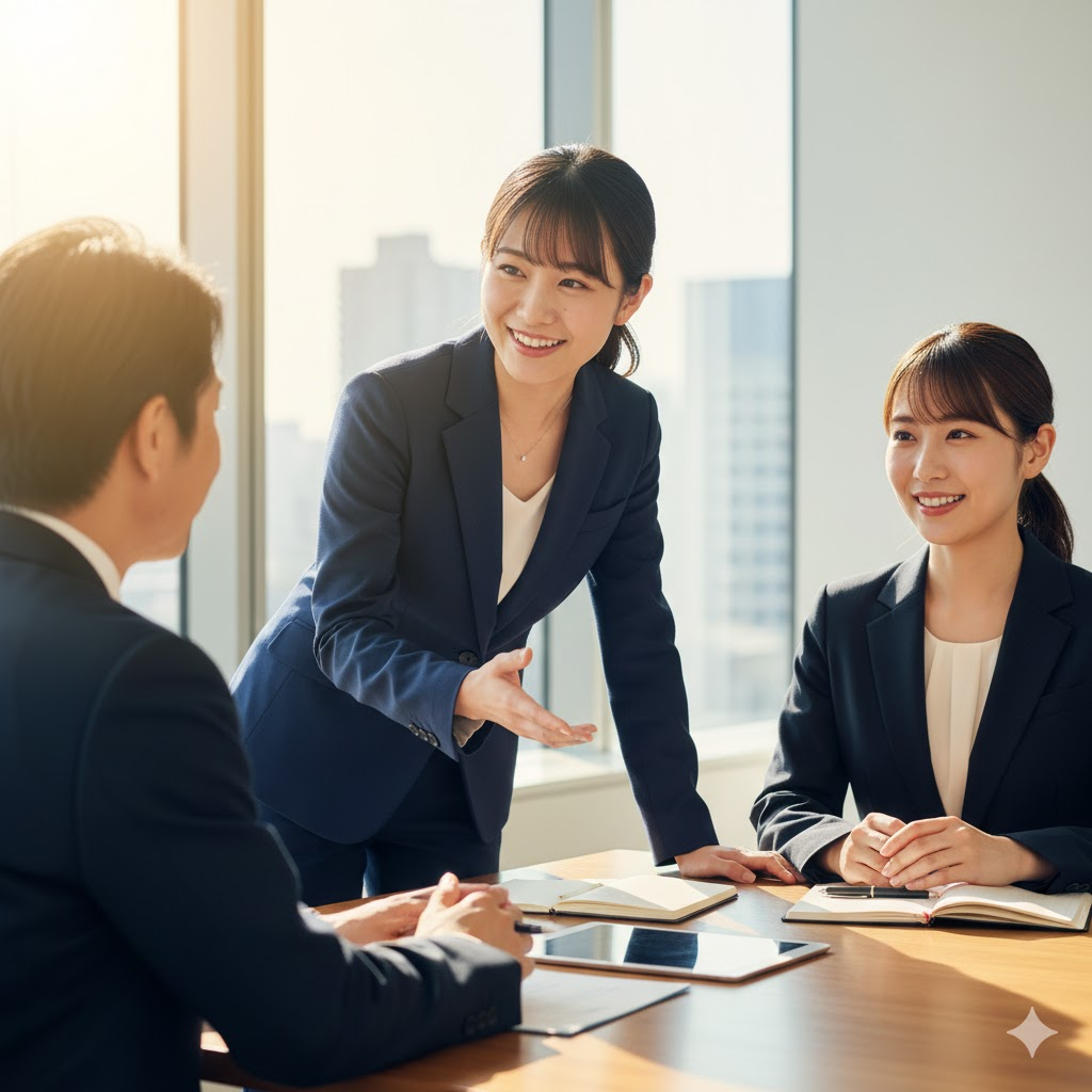 明るいオフィスで、20代前半の日本人女性会社員が面接官2名に対し、身振り手振りを交えながら熱意をもって語りかけている。面接官の2人も、女性の話に笑顔で耳を傾けており、共感している様子がうかがえる。