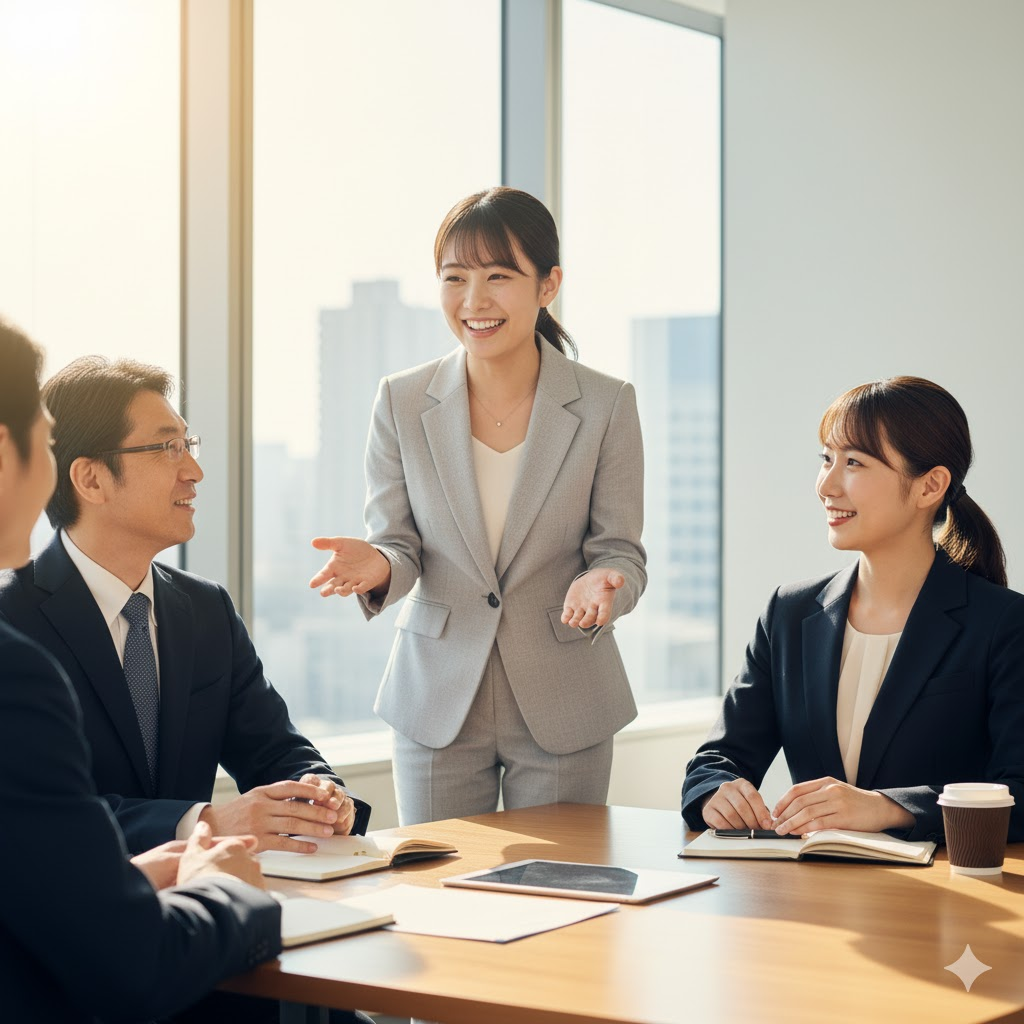 明るいオフィスで、20代前半の日本人女性会社員が面接官3名に対し、笑顔で熱心に語りかけている。面接官の男性と女性は、女性の話に笑顔で耳を傾けており、共感している様子がうかがえる。