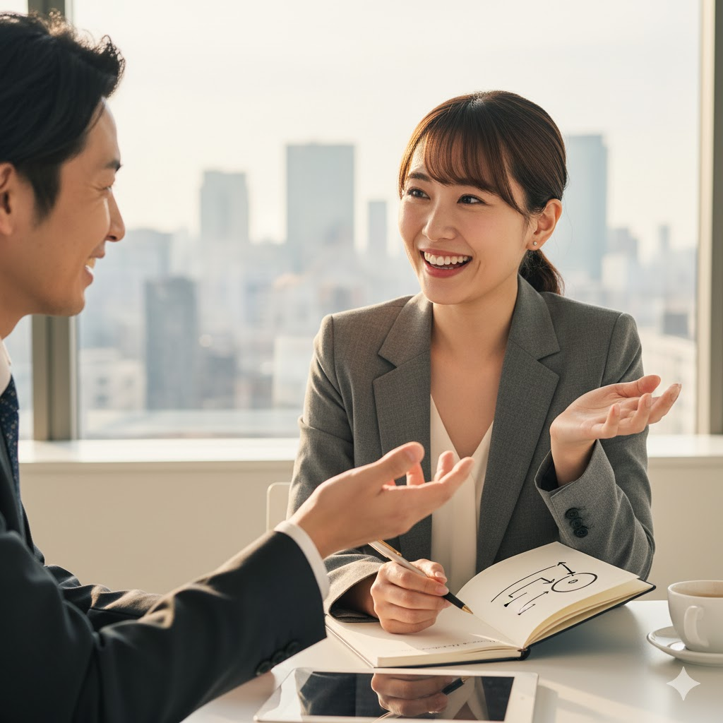 明るい窓際で、20代の日本人女性会社員が男性の転職エージェントと対話している。女性はグレーのスーツを着用し、手元のノートにペンを走らせながら、笑顔でエージェントの話に耳を傾けている。エージェントも笑顔で女性にアドバイスを送っており、二人の間には和やかな雰囲気が流れている。背景には都会のビル群が見える。