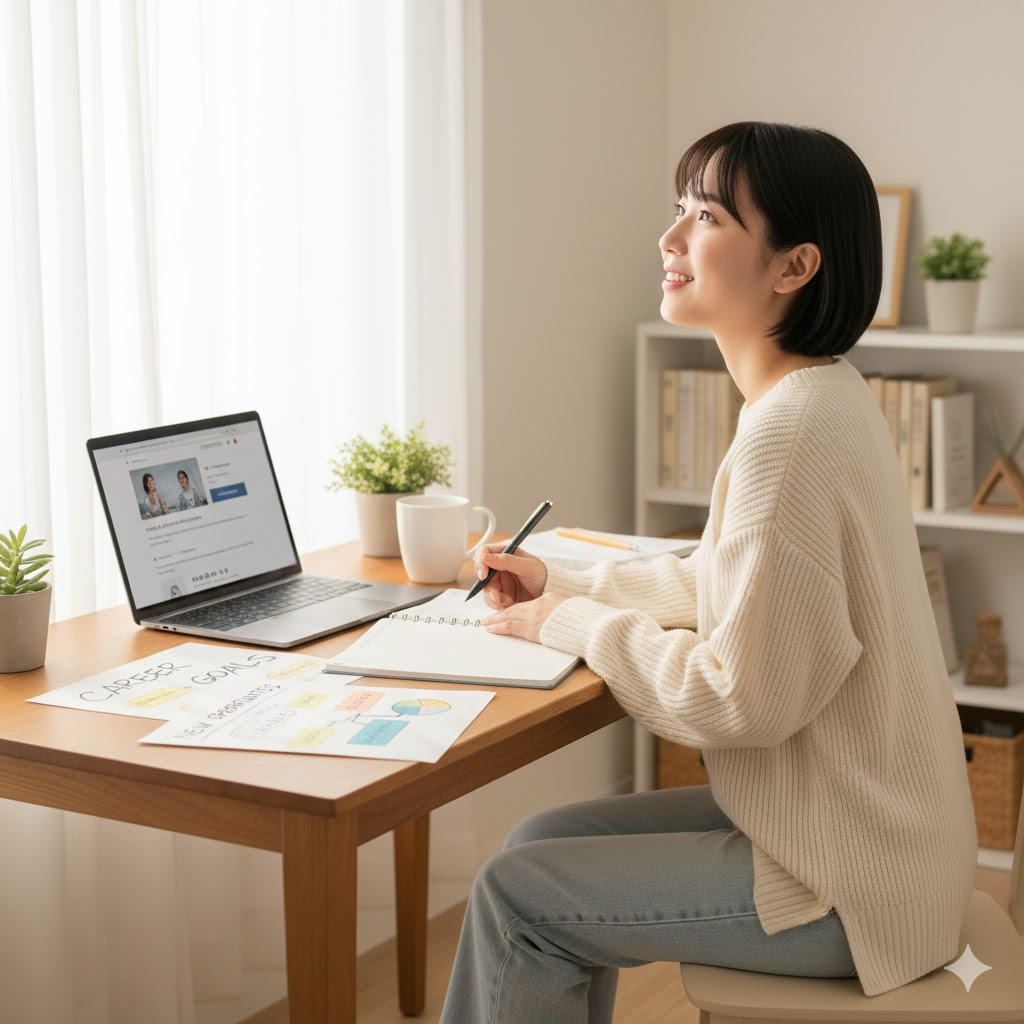 20代前半の日本人女性が、自宅の明るいワークスペースで、ノートパソコンに向かいながら真剣かつポジティブな表情で転職活動の準備をしている。彼女はリラックスした服装で、デスクの上にはキャリアに関する書籍やノート、飲み物の入ったマグカップが置かれている。部屋には観葉植物があり、窓から自然光が差し込んでいる。未来への希望に満ちた前向きな雰囲気が伝わる。