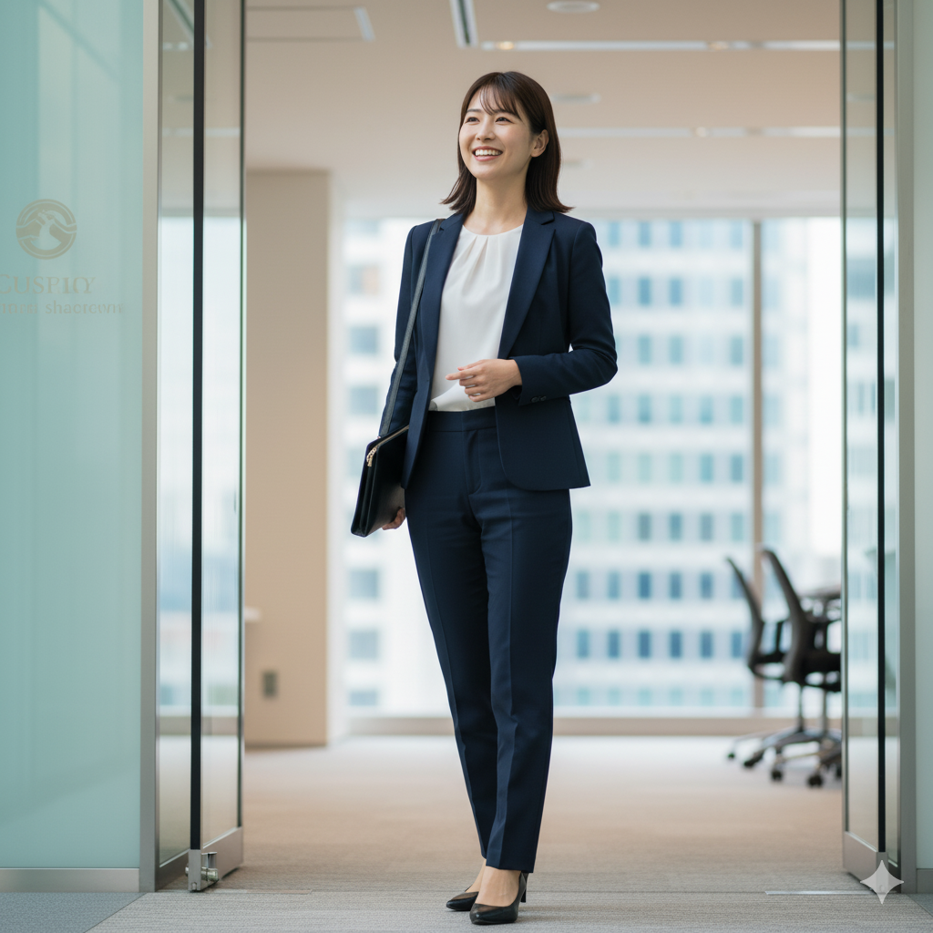 転職先の面接を終えた直後の20代前半の日本人女性。自分の思い通りに面接を進められ、手ごたえを感じている様子で、明るい笑顔で前を見上げています。紺色のスーツに白いブラウスを着用し、黒いバッグを肩にかけ、書類の入ったファイルケースを抱えてオフィスビルの中を歩いています。背景にはガラス張りのドアや窓から見える街並み、オフィスの椅子などが見えます。