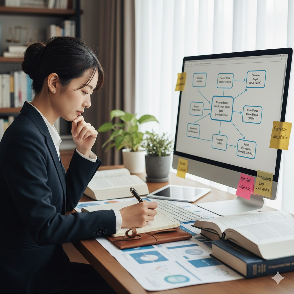 自宅の書斎で、20代の日本人女性会社員が真剣な表情でデスクに向かっている。彼女はスーツ姿で、右手でペンを持ち、ノートに何かを書き込んでいる。デスク上には開かれた専門書が数冊、パソコンのモニターにはフローチャートのようなものが表示され、その周りには多くの付箋が貼られている。部屋の奥には本棚があり、知的な雰囲気が漂っている。