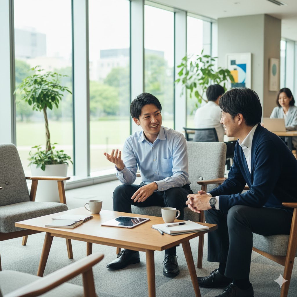 20代前半の日本人男性1名が、オフィス内のカジュアルな打ち合わせスペースで、2名の先輩社員と意見交換をしている。3名は向かい合って座っており、手前には資料やノートパソコンが置かれたテーブルがある。男性社員たちは皆、リラックスした表情で、笑顔を交えながら穏やかに話を進めている。先輩社員が若手社員の話に耳を傾け、余裕のある雰囲気の中で活発なコミュニケーションが行われている様子が伝わる。