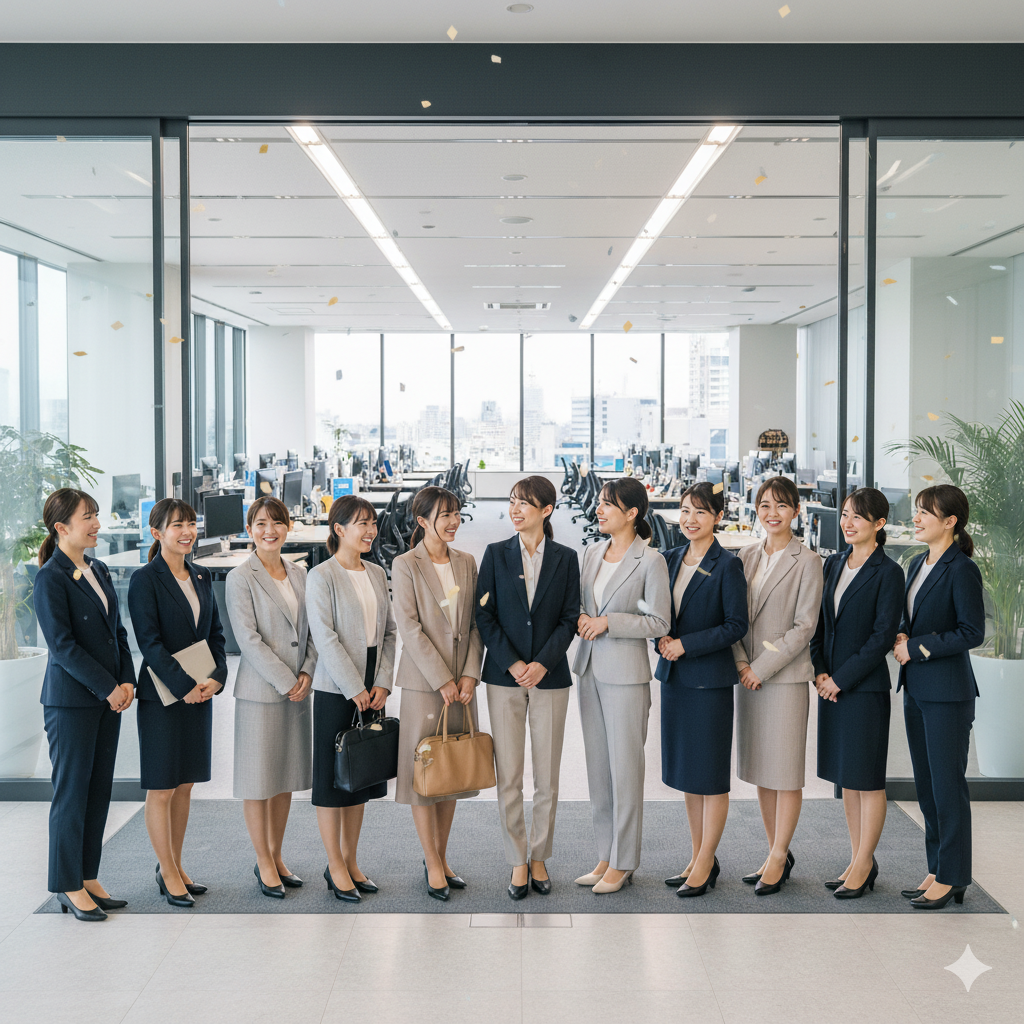 新しい職場に初めて出勤し、自信に満ちた笑顔で立つ11人の若い日本人女性たちが写っています。彼女たちはオフィス環境の中で、プロフェッショナルなビジネスウェアを着用し、それぞれが期待と熱意を表情に表しています。オフィスの背景には、現代的なワークスペースと、窓から見える都市の景色が広がっています。
