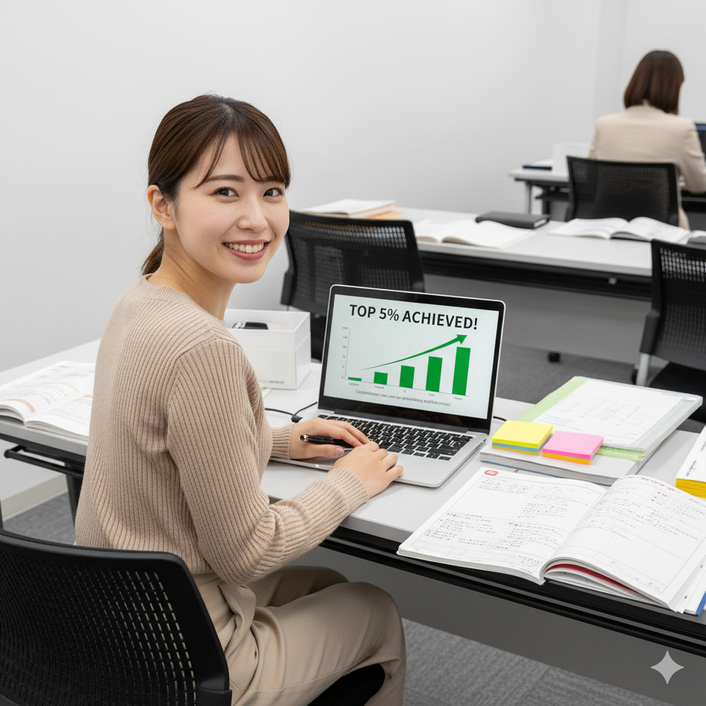 試験会場でパソコンを使って適性検査を受験し、結果に満足している20代前半の日本人女性です。