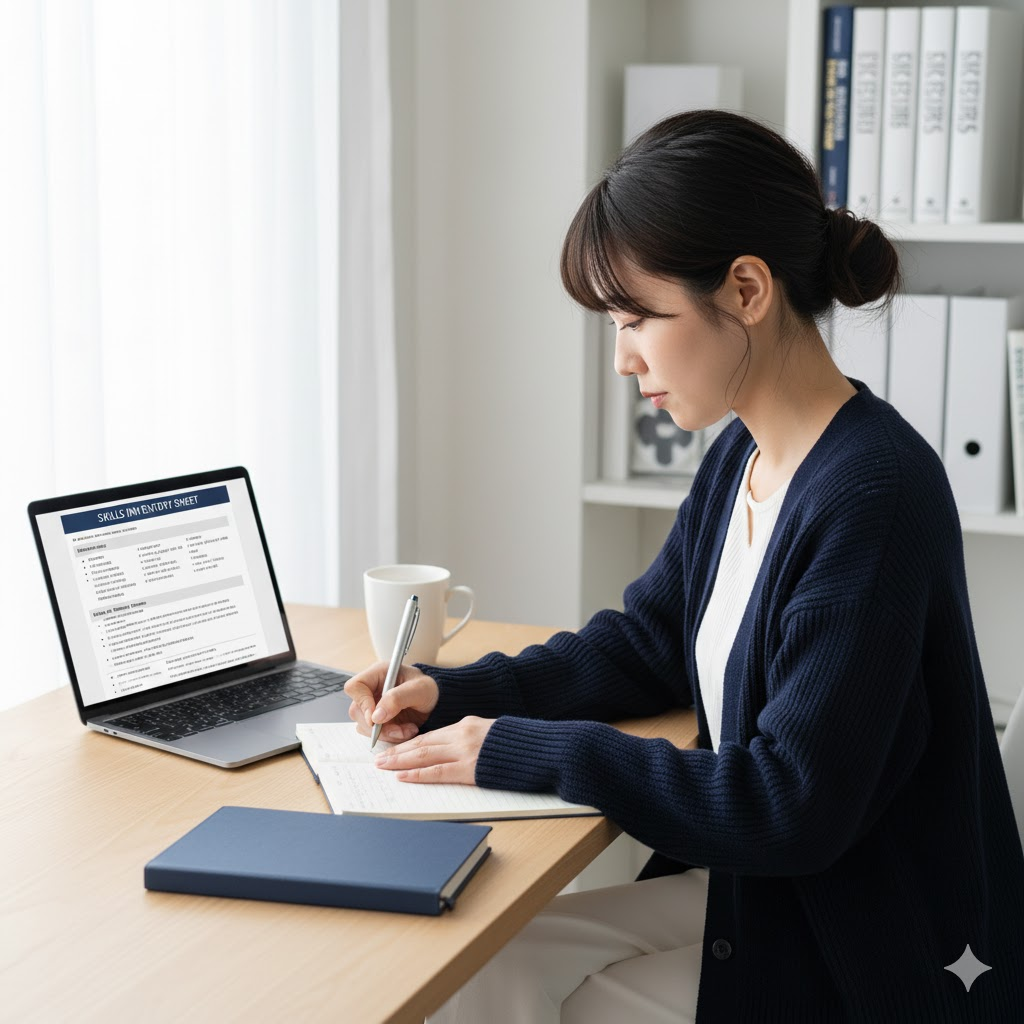日本人女性法務担当者（20代前半）が、自宅のデスクでスキル棚卸しシートを作成している。ノートPCと手帳を開き、静かな集中感のある構図。色調はネイビー・ホワイト基調。
