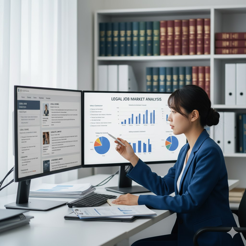20代前半の日本人法務部員1名がオフィスでディスプレイに求人票やグラフを表示し、転職市場を分析しているシーン。背景に英語の契約書や法令集がぼんやり写る。